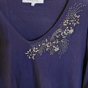 Gerard Darel Paris Navy Knit Top Beaded Neckline Size 2 V Neck Long Sleeve